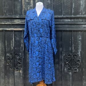 SAN REMO NEW YORK Blue‎ Black Floral Button Front Shirt Dress Long Sleeve Midi